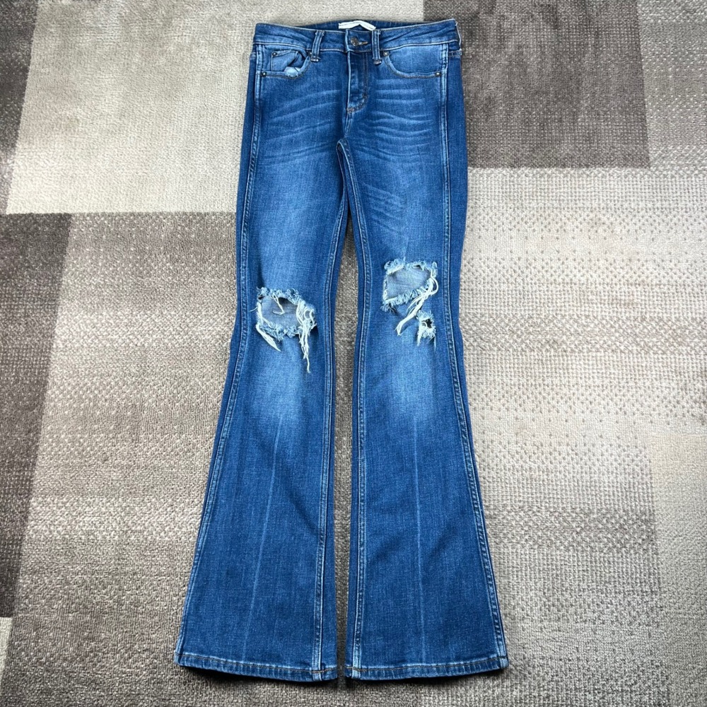 Free People Just Float On Flare Jeans Blue Distressed Size 26 Ripped Knee Boho